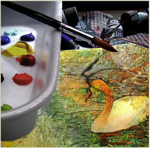 Create an oil painting by working over a free, printable sketch of a swan on rippled water.